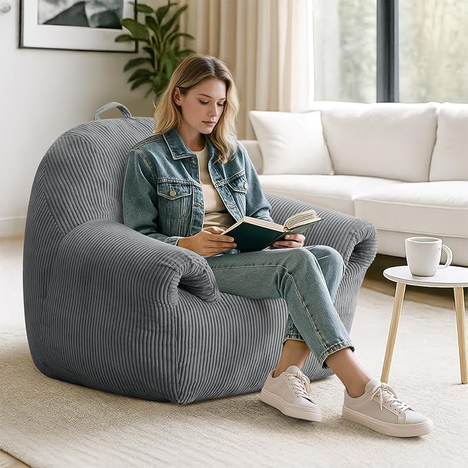 Peace nest Bean Bag Chair with Memory Foam Filled Ultra Soft Corduroy Cover for Adults Comfy Fur Bean Bag Chairs with Armrests for Bedroom Living Room Office Dorm Reading Grey