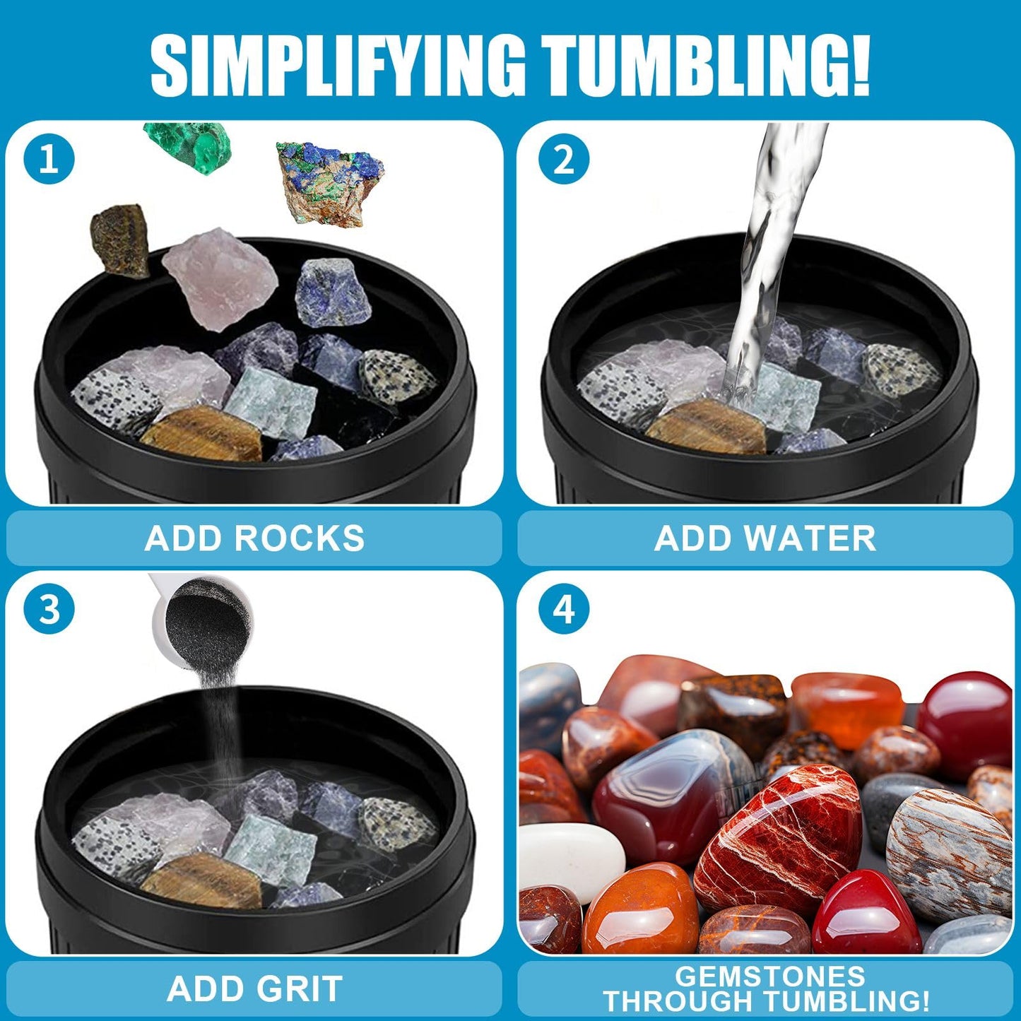 3LB Rock Tumbler Grit and Polish Refill Set, 4-Step Professional Polish Rock Tumbler Grit to Unlock Stunning Polished Stones. Ideal for National Geographic, KomeStone, and Other Polishers and Tumblers