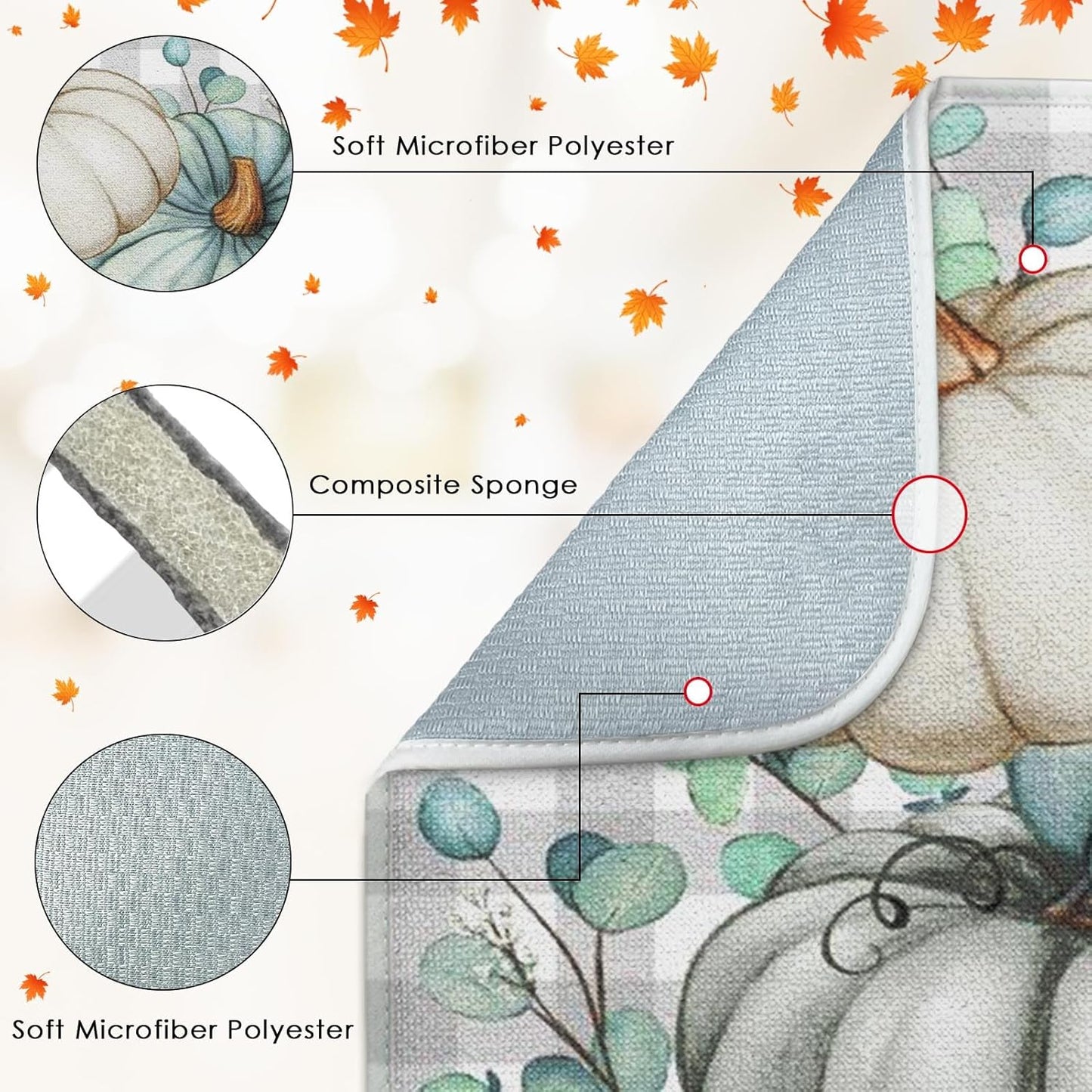 Sanwarm Absorbent Dish Drying Mat, Autumn Watercolor Pumpkin Microfiber Pad for Kitchen Counter, Fall Plaid for Coffee Bar Decor, Heat Resistant and Reversible, 16" x 18"