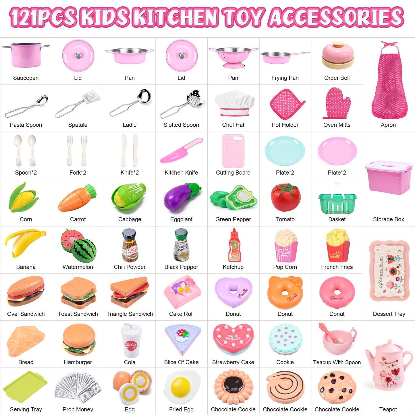 121Pcs Play Kitchen Accessories, Kids Kitchen Playset, Pretend Play Food Tea Party Set, Toy Kitchen Kids Cooking Real with Apron＆Chef Hat, Utensils Cookware Pots＆Pans, Toy Organizer, Toddler Toys Gift
