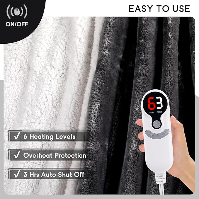 Heated Blanket Electric Throw Size 50''x60'' with 9 Heating Levels, 3 Hour Auto Shut Off, Machine Washable, Flannel & Sherpa Double-Sided Soft Warming Blanket for Couch, Bed, Office - Dark Grey