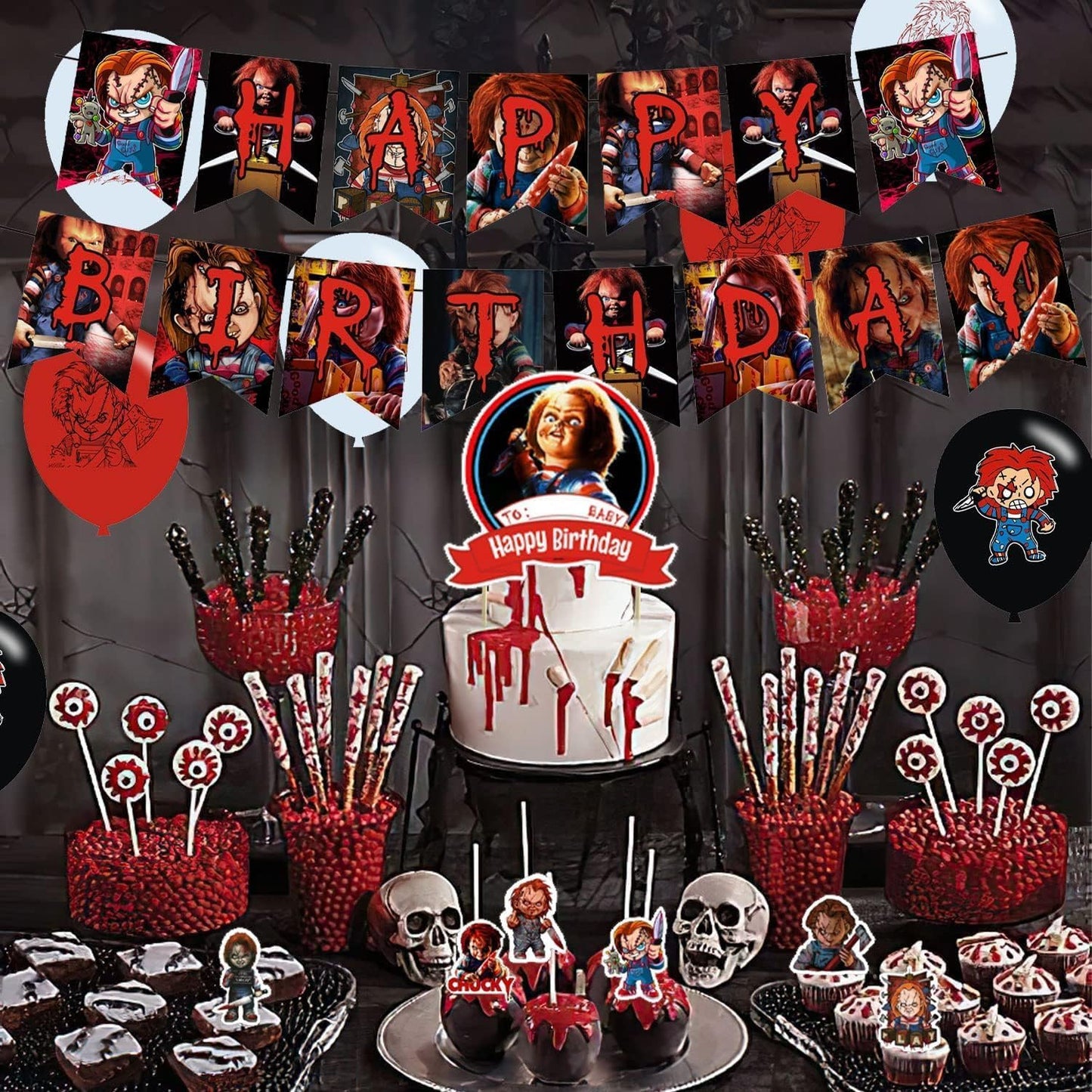 Chucky Party Decorations,Birthday Supplies For Horror Movie Includes Banner - Cake Topper 12 Cupcake Toppers 18 Balloons -50 Stickers