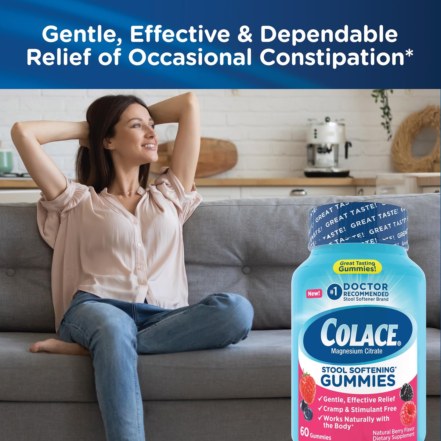 Colace Stool Softener Gummies, Gentle Dependable Constipation Relief Magnesium Citrate Gummies, No.1 Doctor Recommended Stool Softener Brand, Berry Flavored 60ct