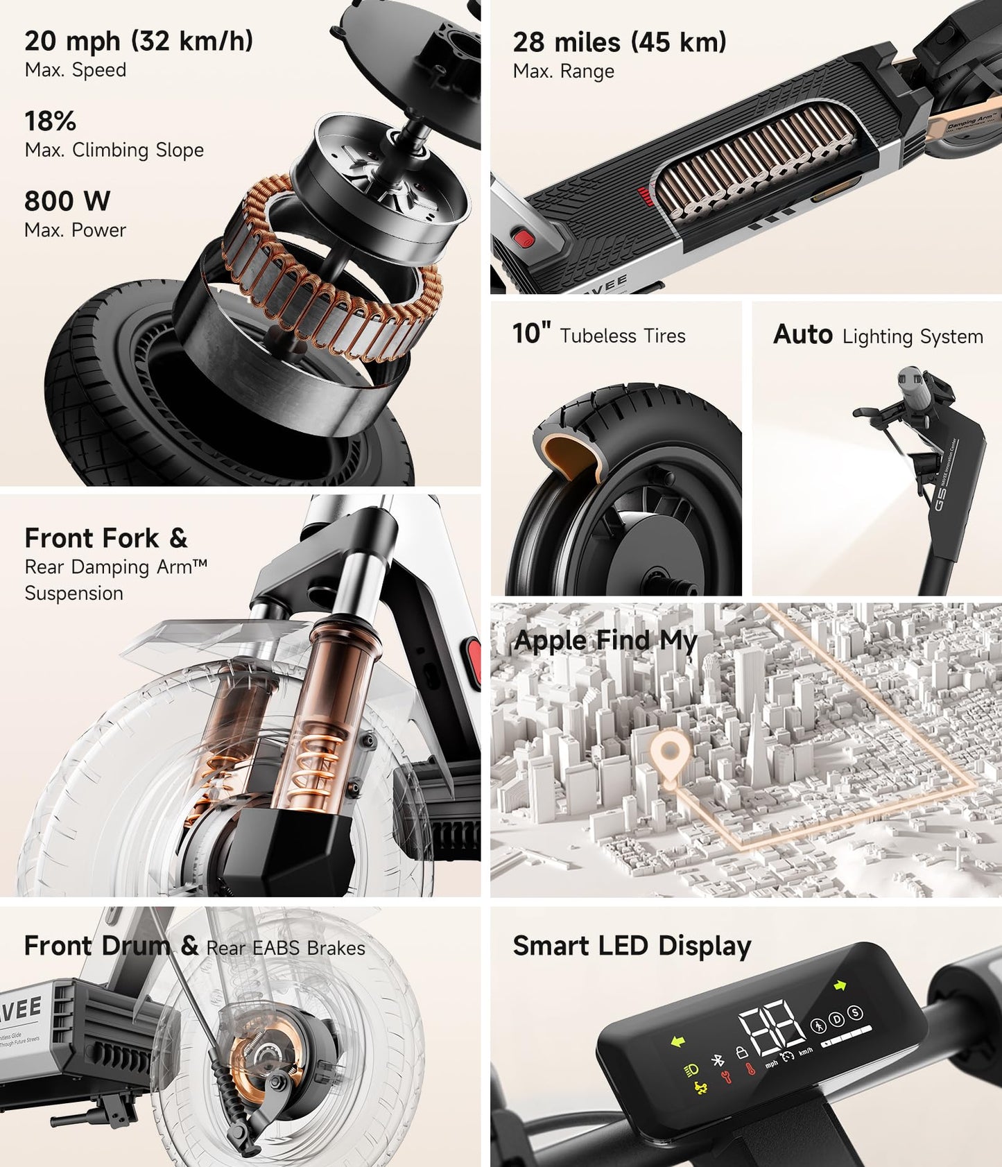 NAVEE G5 Electric Scooter, 800W Brushless Motor, 10 inch Tires, 28 Miles Range, 20 mph, Foldable E-Scooter with Dual Braking Suspension, Heavy Duty Commute Adult Escooter, Smart APP, Cruise Control