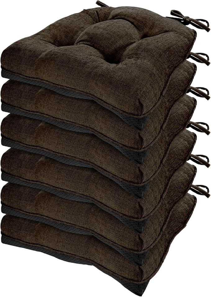 HARBOREST Chair Cushions for Dining Chairs Set of 6 - Chenille Tufted Kitchen Chair Cushions with Ties and Non-Slip Bottom, Foam Chair Pads for Dining Chairs, 17" x 17", Chocolate