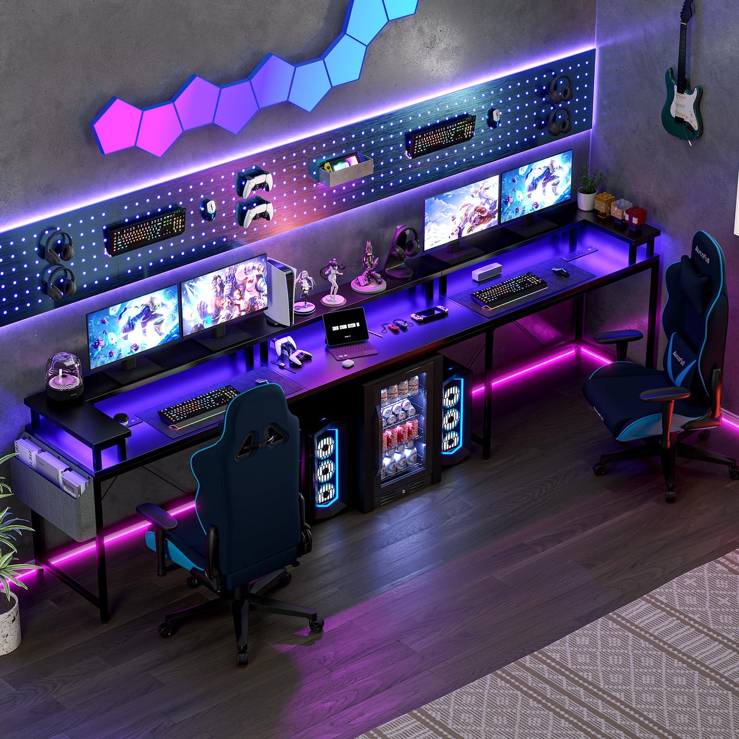 Jojoka U Shaped Computer Gaming Desk, Reversible L Shaped Desk with Power Outlets, LED Strip & Monitor Stand, Large Corner Desk with Storage Shelves for Home Office, Black