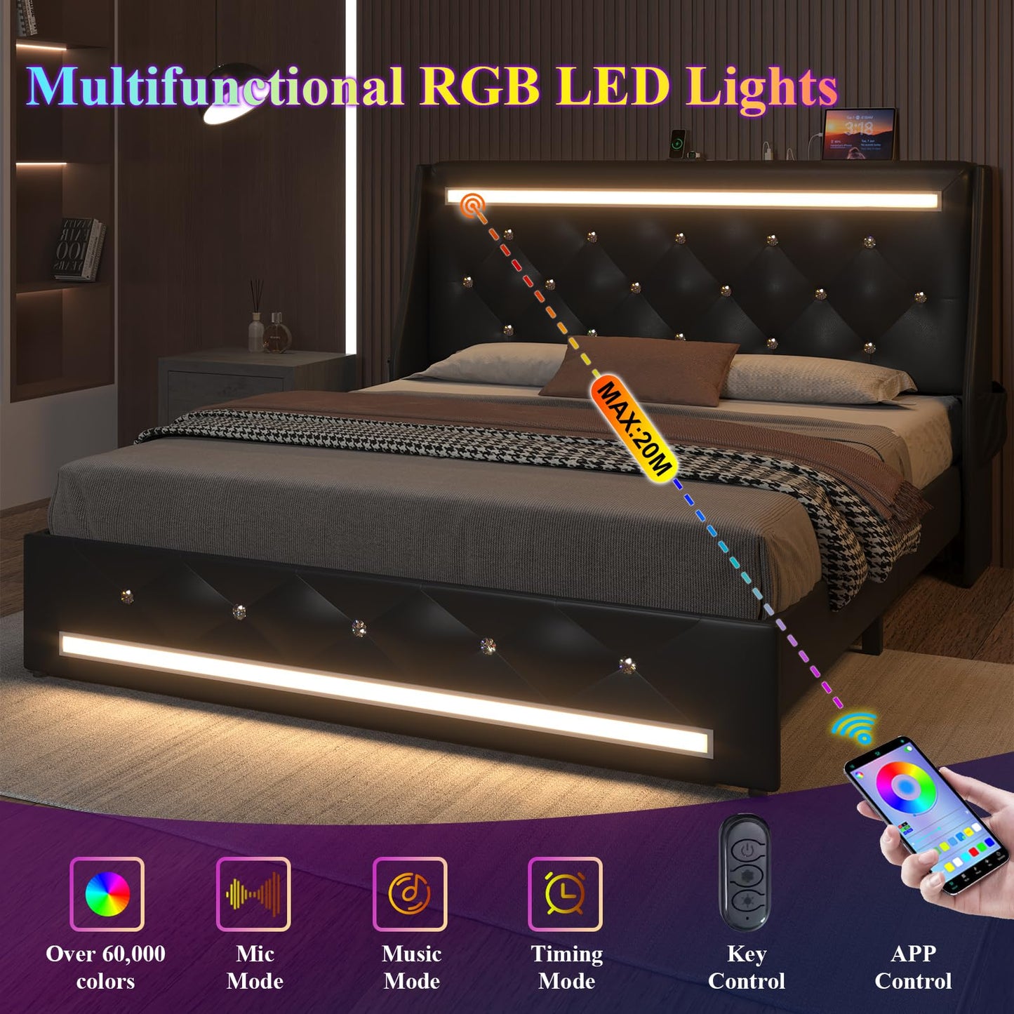 E-Motie Full Size Bed Frame with Wingback Upholstered Diamond Tufted Storage Headboard, LED Lights and Charging Station, Solid Wood Slats, Noise-Free, Easy Assembly, No Box Spring Needed, Black