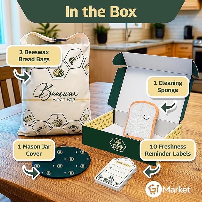 2pack Beeswax Bread Bag for Homemade - Reusable Beeswax Bread Bags for Sourdough Linen Freezer Bags - Storage for Fresh sourdough