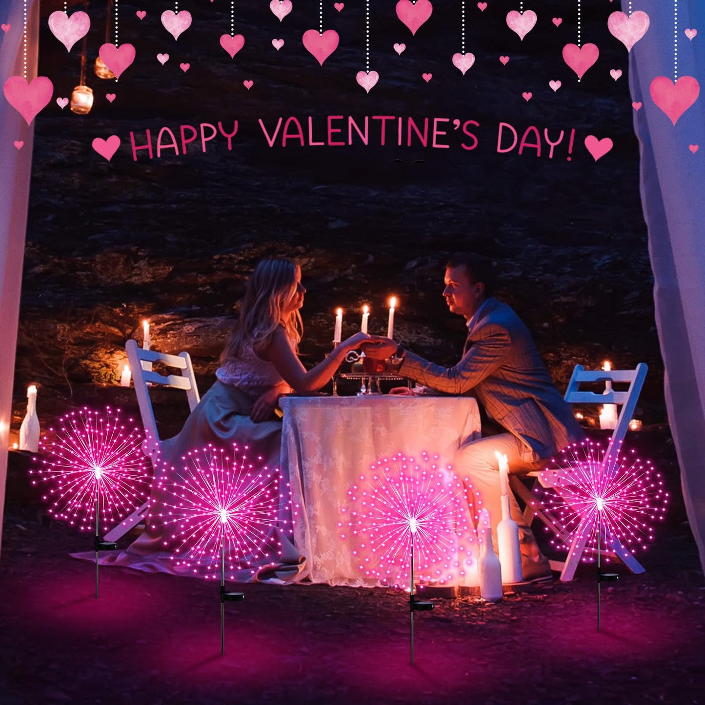 Tujoe 4 Pcs Valentine's Day Solar Lights Outdoor Pink Solar Firework Lights Decoration 180 LEDs 8 Modes Waterproof Valentine LED Stake Sparkler for Walkway Pathway Driveway Garden Yard Lawn Path(Pink)