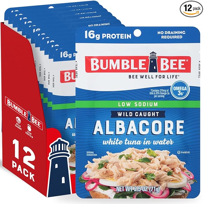 Bumble Bee Low Sodium Chunk White Albacore Tuna in Water, 2.5 oz Pouches (Pack of 12) - Ready to Eat Wild Caught Tuna Pack...