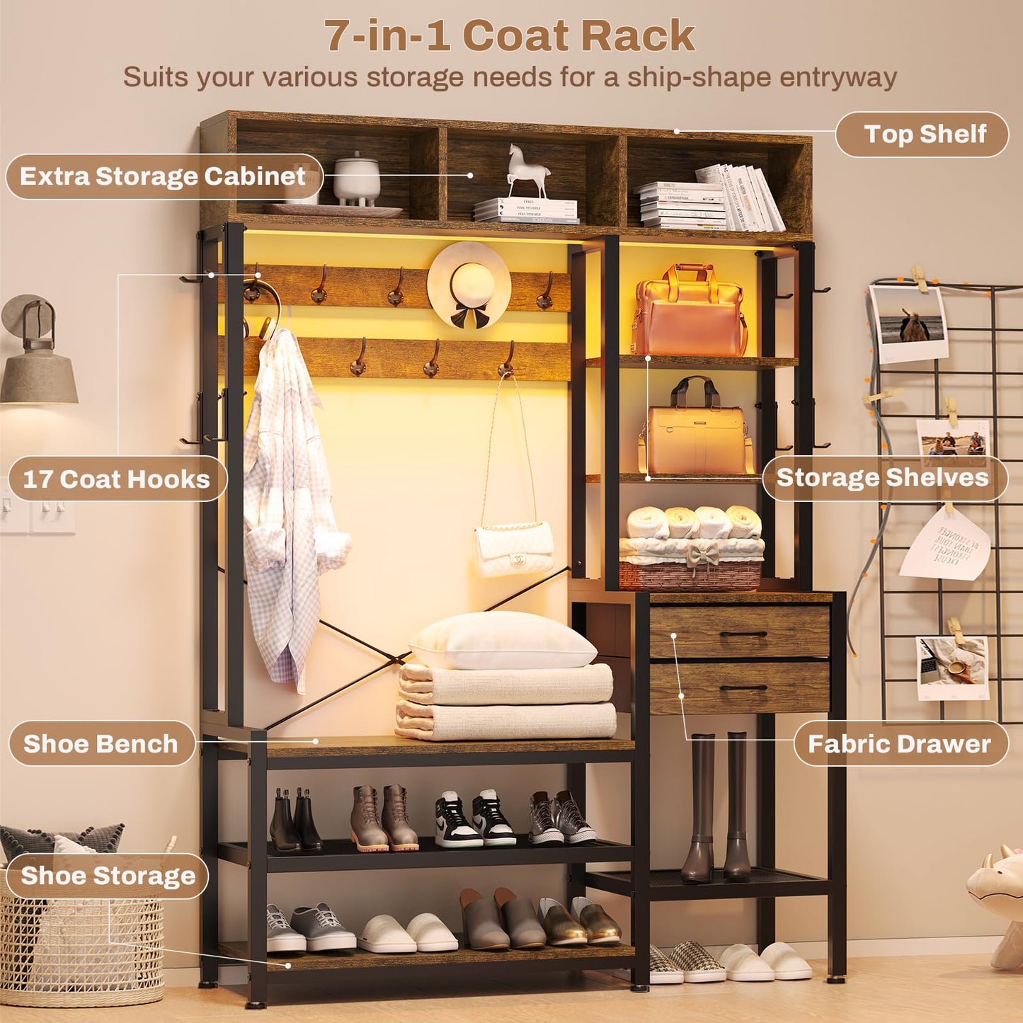 Itaar Hall Tree with Bench and Shoe Storage, 7-in-1 Entryway Bench with Coat Rack, 3 Storage Cubbies, 3 Storage Shelves, 17 Coat Hooks, 2 Fabric Drawers (Rustic Brown)