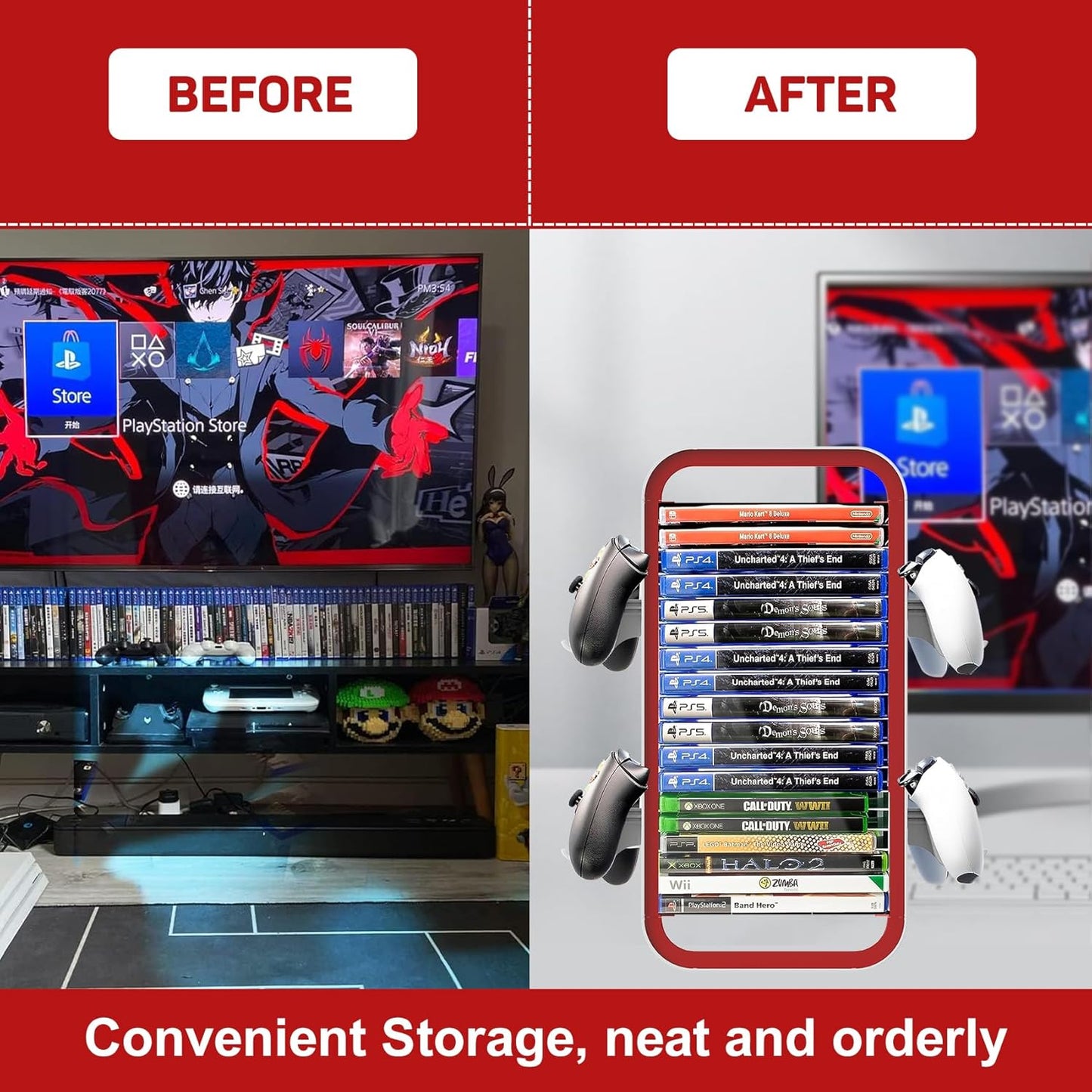 Wigmoa OYO-1 15.8INCH Game Storage Tower - PS5/Xbox Series/Switch Compatible, 18 Disc Organizer with 4 Controller Holder, Red/White