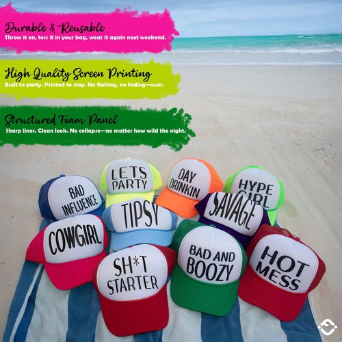 Funky Junque Neon Trucker Hat for Women Foam Mesh Snapback Fun Party Hat for Spring Break Girls Trip - Pack of 8 Savage