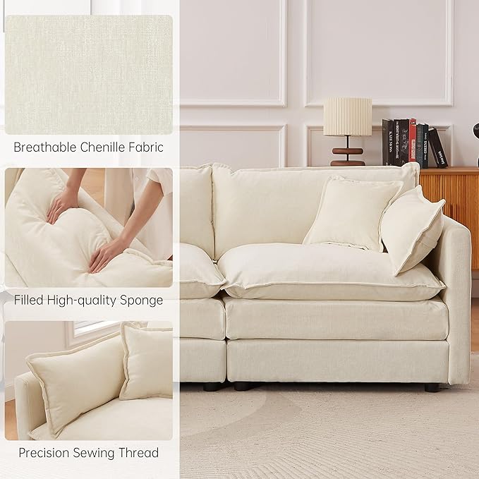 saows Modular Sectional Sofa, 112.2 Inch U Shaped Couch Set with Armrests, 3-Seater Comfy Cloud Couches with Movable Ottoman for Living Room Apartment, Beige
