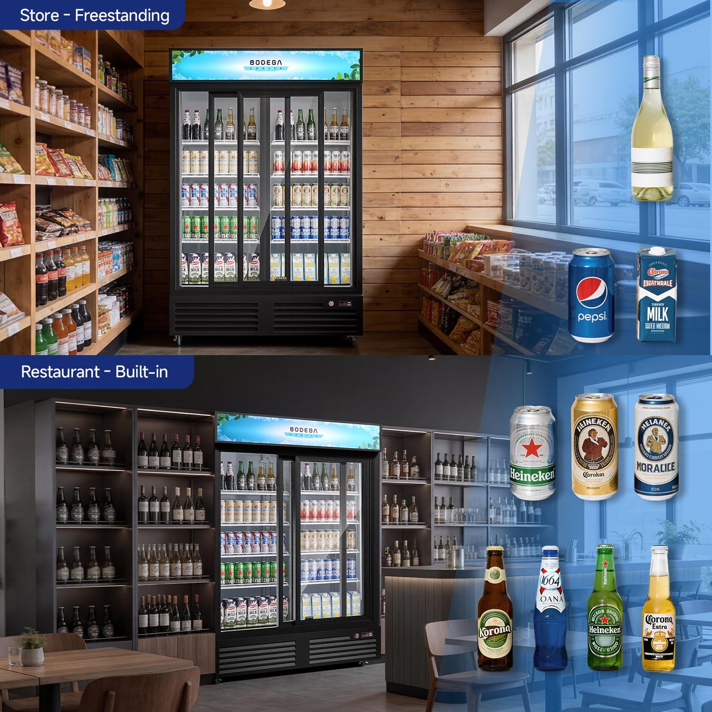 BODEGACOOLER Commercial Merchandiser Refrigerator, Upgrade Automatic Rebound Sliding Door Display Cooler, 2 Glass Door Display Drink Cooler with LED Light, Adjustable Shelves,Castors for Store,Office