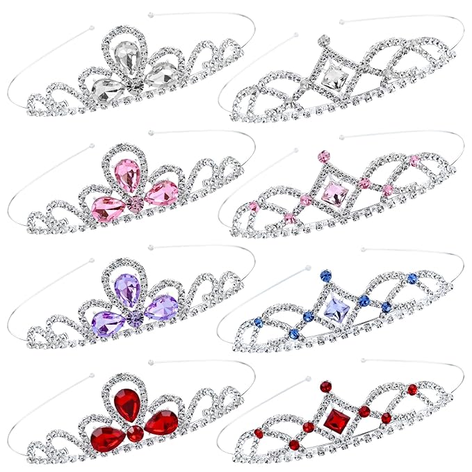 Cinaci 8 Pieces Princess Colorful Dazzling Crystal Rhinestone Silver Metal Tiara Crown Headbands Wedding Birthday Party Pr...