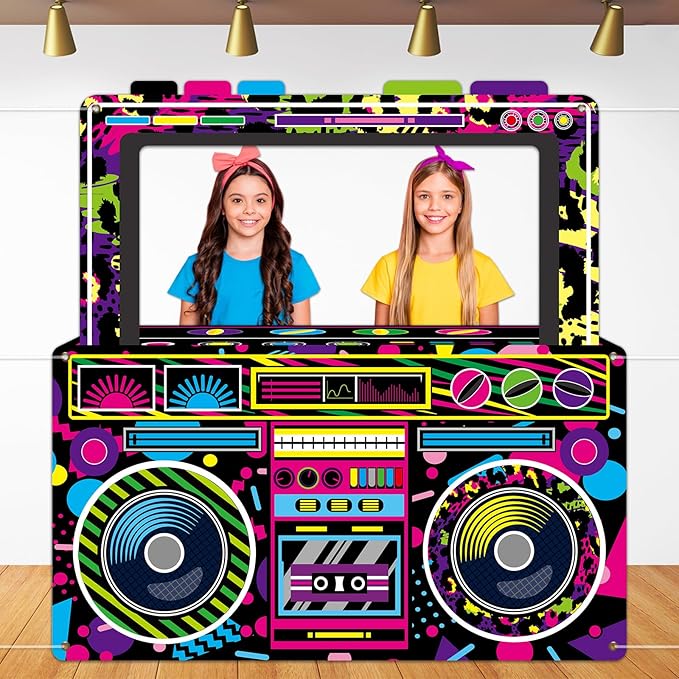 Radio Boombox Photo Booth Props for 80s 90s Party Decorations 59 X 59 Inch, Neon Radio Boombox Selfie Frame Backdrop Hangi...
