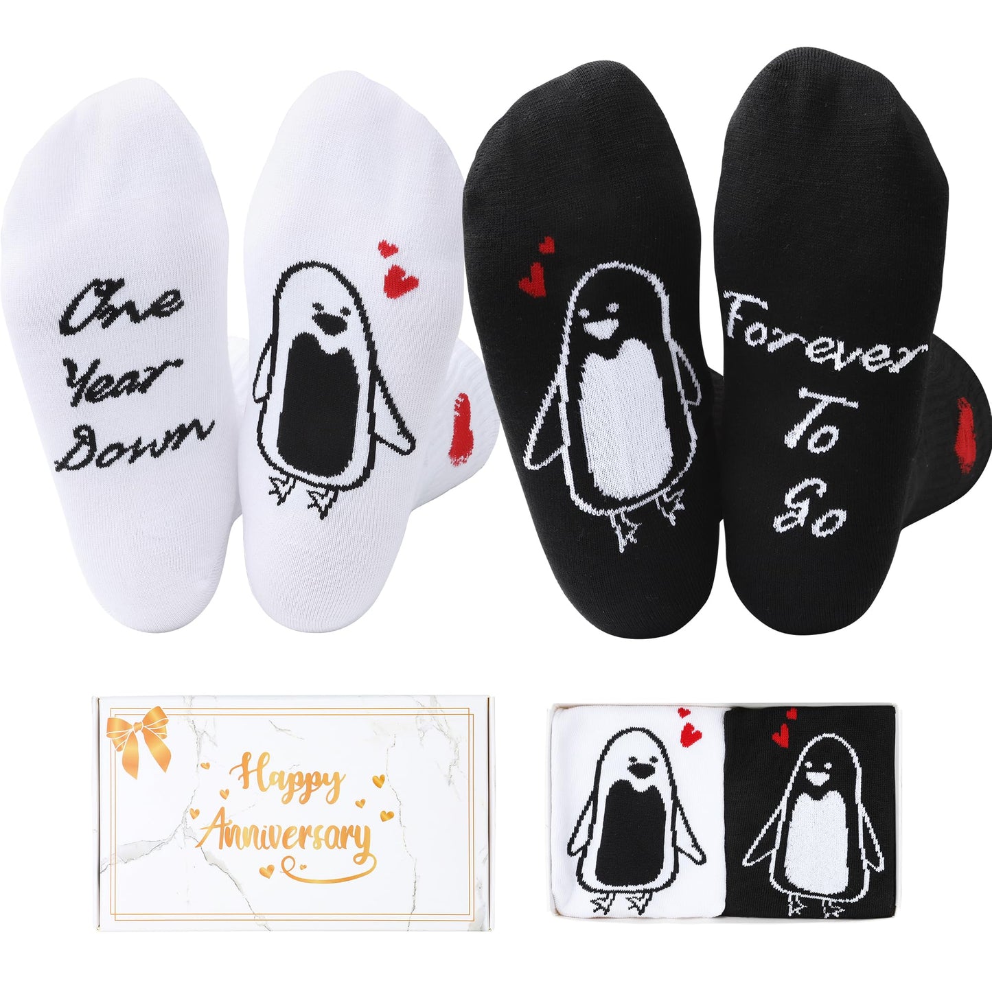 EcoUtens 1 Year Anniversary Romantic Gifts Set – 2 Pairs of Penguin Couple Socks with 1st Anniversary Card & Gift Box for Couples, Him, Her, Husband, Wife, 1 Year Wedding Anniversary