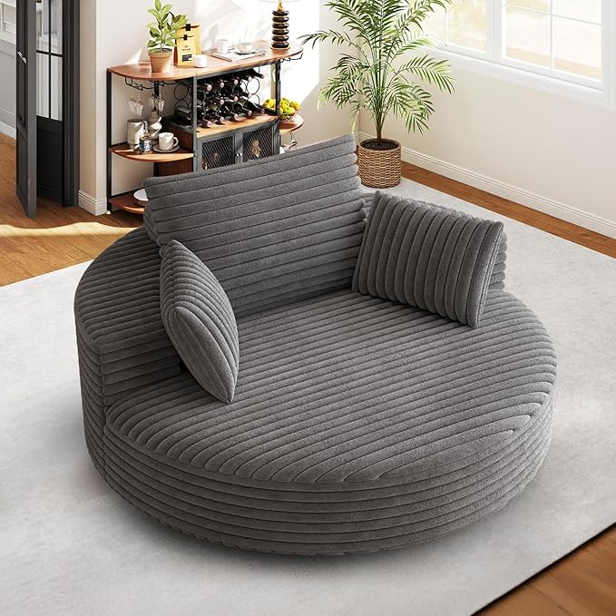 Antetek 360-Degree Oversized Swivel Chair, Modern Round Circle Corduroy Comfy Deep Seat Swivel Accent Chaise Lounge Sofa Chair with Back Cushion & 2 Throw Pillows for Living Room Bedroom Office, Grey