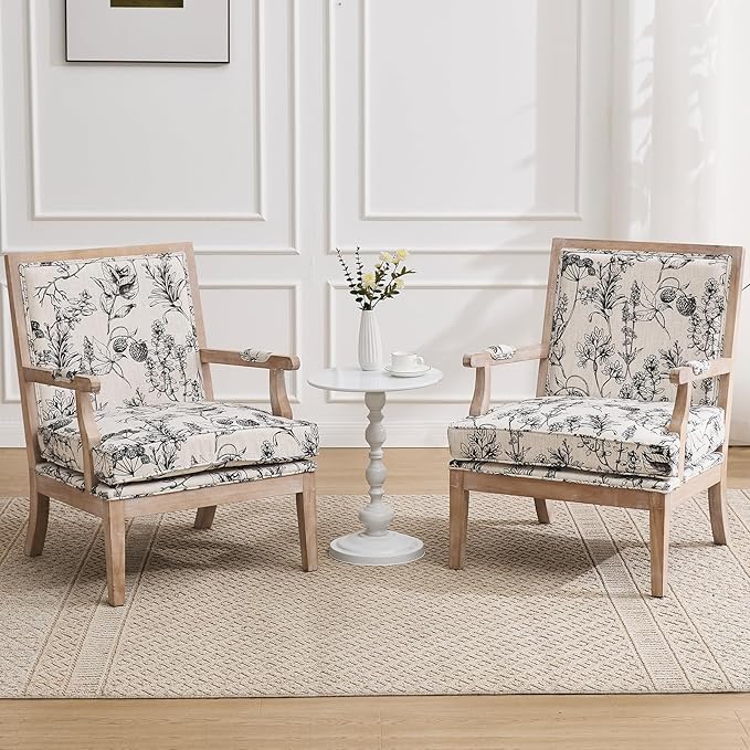 DM Furniture Floral Accent Chair Set of 2 Mid-Century Modern Living Room Chairs Upholstered Linen Lounge Armchair with Solid Wood Frame & Removable Cushion for Bedroom, Balcony, Floral Pattern