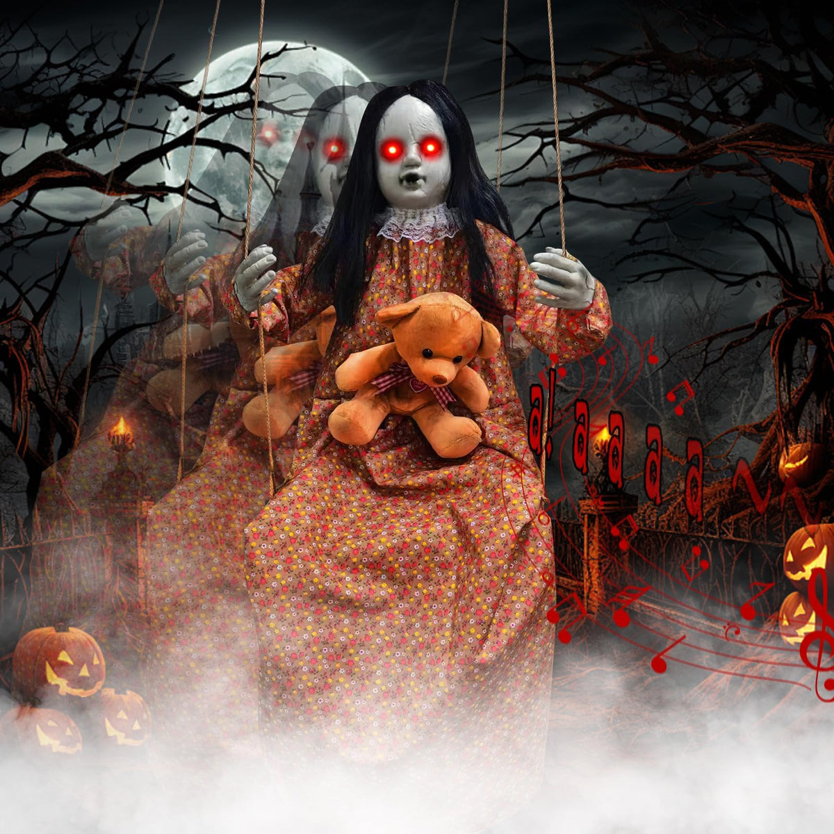 Scary Halloween Decorations Outdoor, Halloween Hanging Swinging Doll Girl with Sound & Slap Activated, Light Up Eyes Creepy Sound Expressions, Large Scary Halloween Decor Props for Indoor Outside