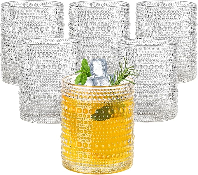 Amyoole 12oz Hobnail Drinking Glasses Set of 6,Clear Vintage Glassware Embossed Water Tumbler,Cocktail Glass Cups for Bee...