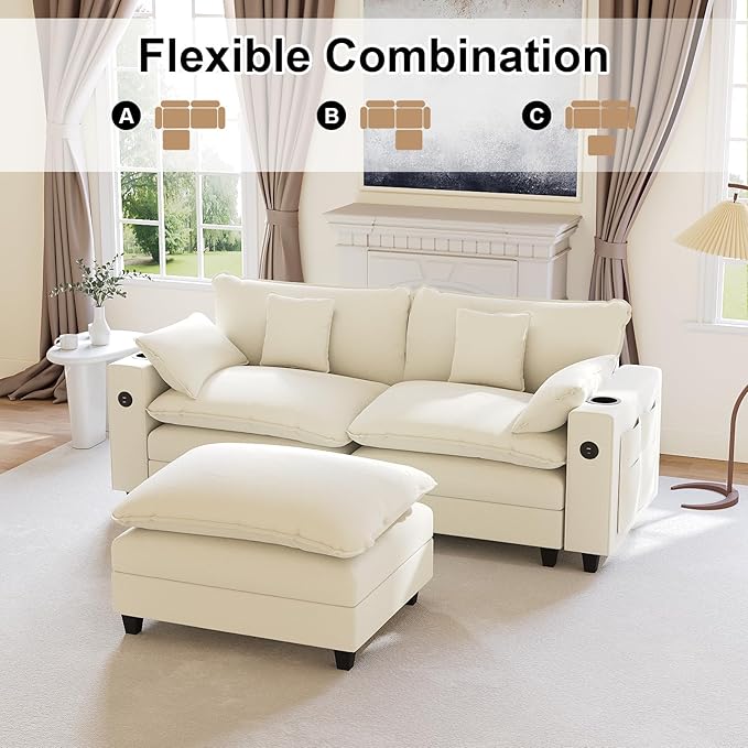 KCGKCG 80.7" Modular Sectional Sofa, L Shaped Cloud Couch with Movable Ottoman, Chenille Deep Seat Cloud Sofa with Charging Station, Cup Holder, Side Pocket, Sectional Couches for Living Room, Beige