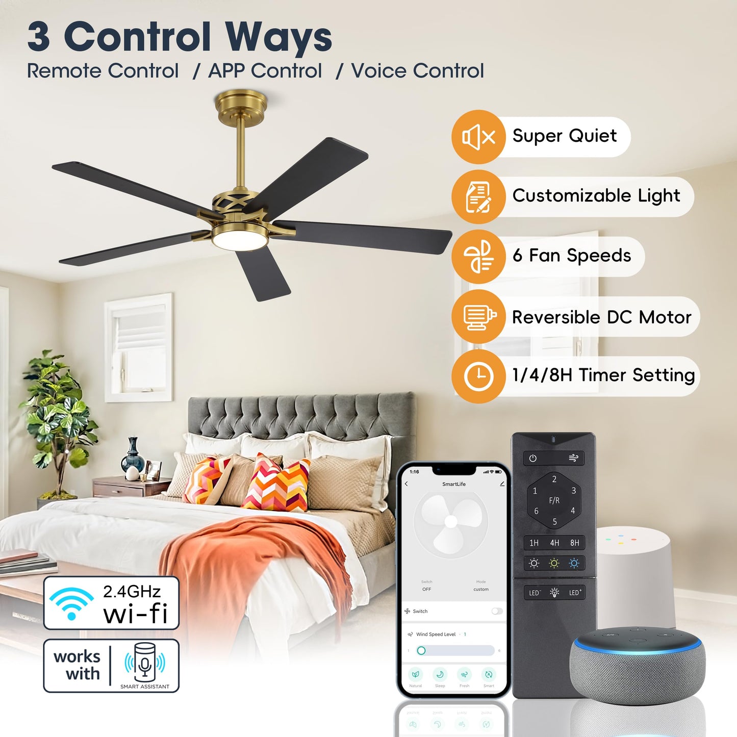 WINGBO 60" Smart Ceiling Fan with Lights and 3 Downrods, 5 Plywood Blades, 6 Speeds Reversible DC Motor, Works with Alexa and Google Assistant, 3CCT Dimmable LED Large Ceiling Fans, Brass and Black