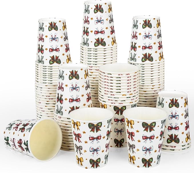 Houuqe 100 Pcs 9 oz Christmas Ribbons Bows Paper Cups Disposable Coquette Bowknot Coffee Cups Hot Cocoa Chocolate Paper Cu...