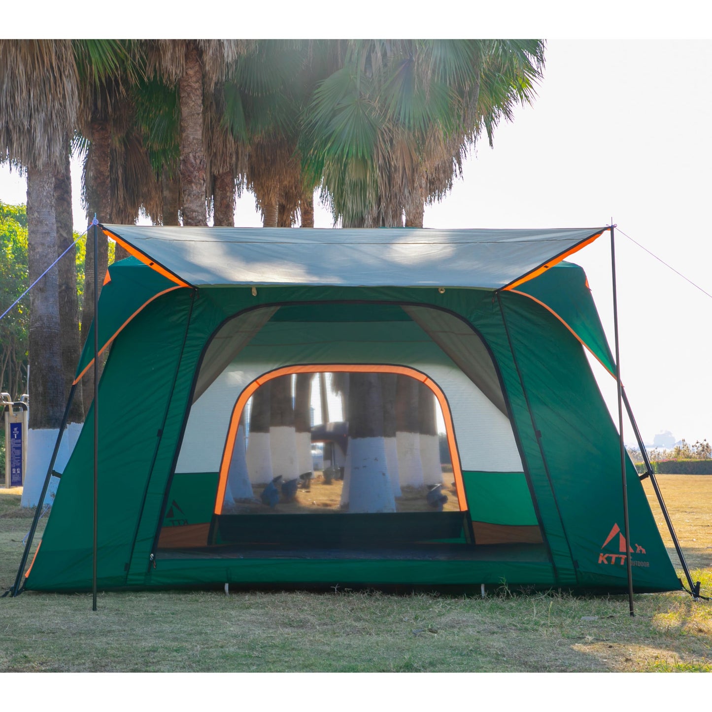 KTT Extra Large Tent 14 Person,Family Cabin Tents,2 Rooms,3 Doors and 3 Windows with Mesh,Straight Wall,Waterproof,Double Layer,Big Tent for Outdoor,Picnic,Camping,Family Gathering(Green)