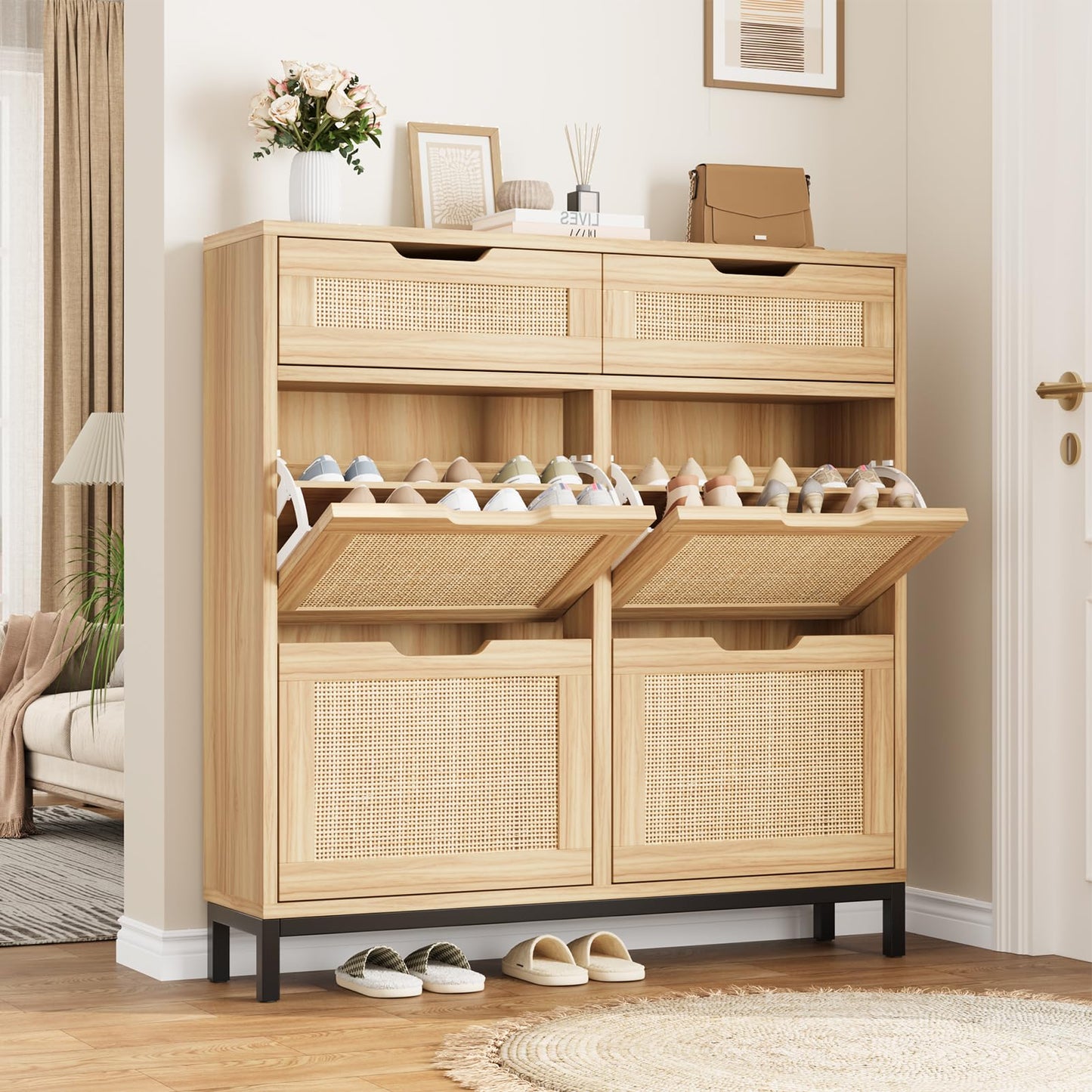 Jocoevol Rattan Shoe Cabinet for Entryway with 4 Flip Drawers & 2 Top Drawers, Freestanding Narrow Shoe Storage Cabinet with Metal Legs for Foyer, Hallway (Natural)