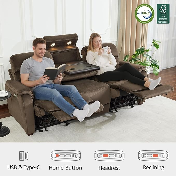 MCombo 87.2'' Wall Hugger Power Recliner Sofa with Drop Down Table, Reclining Sofa with Adjustable Headrest, USB Charge Ports, Reading Lamp, for Living Room, RVs, Fabric, ST258M3 (3-Seater, Coffee)