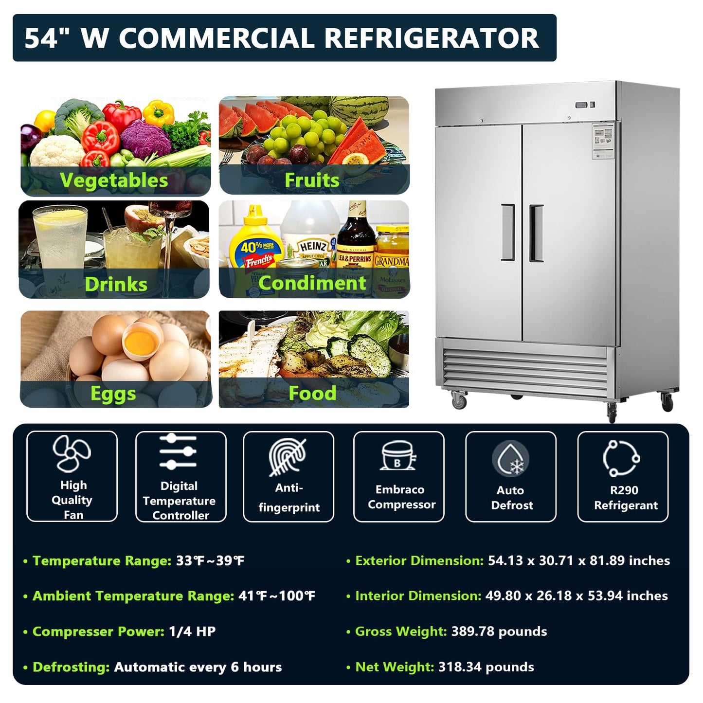 Commercial Refrigerator 54"W 2 Section 2 Solid Door Stainless Steel Interior and Exterior Construction Upright Fan Cooling