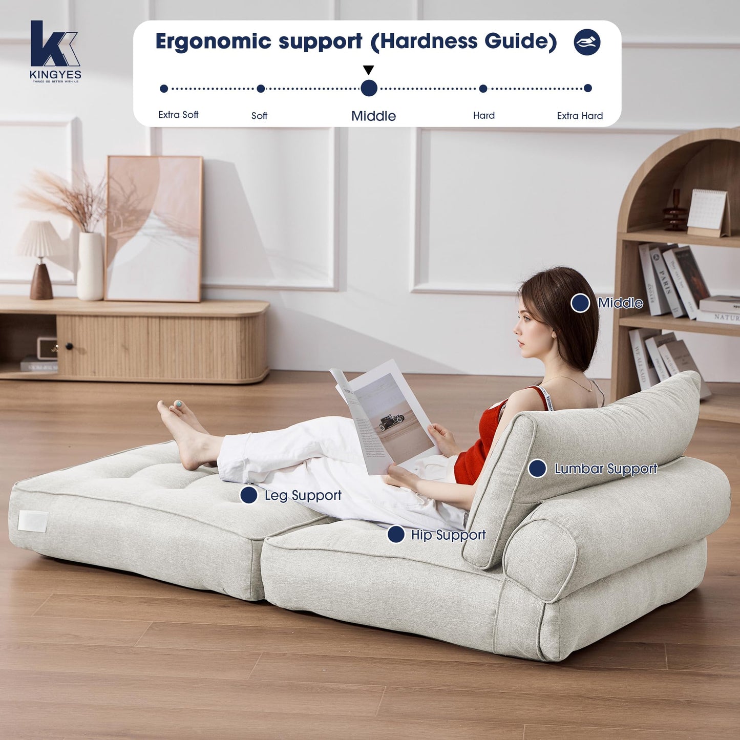 KINGYES Folding Sofa Bed, Convertible Sleeper Chair with Pillow for Adults, Foldable Single Futon Chair Floor Sofa Lounge for Living Room, Beige