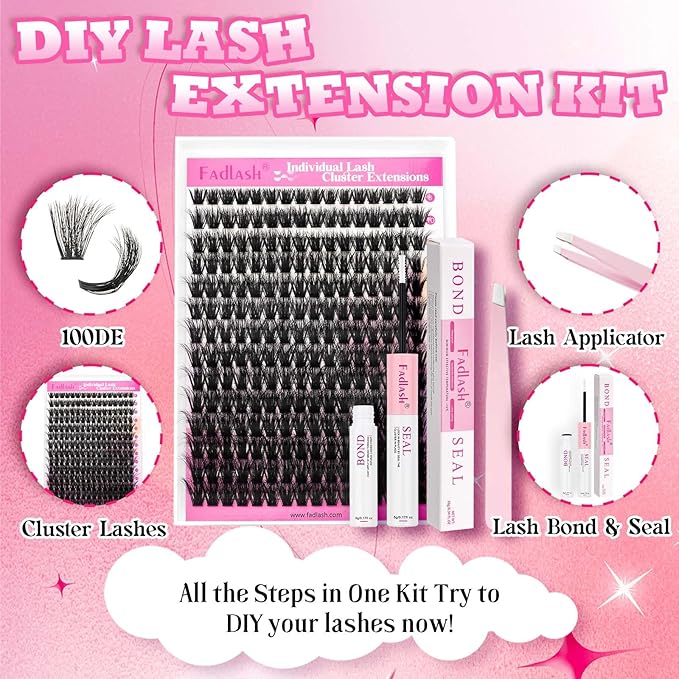 FADLASH Lash Extension Kit 100D Lash Clusters D Curl Lash Cluster Kit DIY Eyelash Extension Kit with Lash Bond and Seal Lash Applicator Tool 3D Effect fluffy Cluster Lashes(100D Kit, Mix 8-16mm)