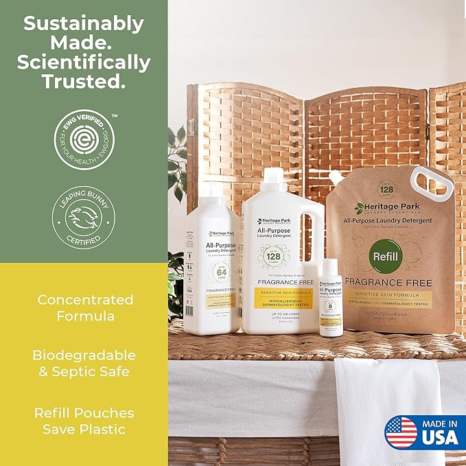 Heritage Park Luxury Laundry Detergent | Dermatologist Tested Plant based Natural & Enzyme Laundry Detergent | Sensitive Skin Friendly - Fragrance Free (64 fl oz)