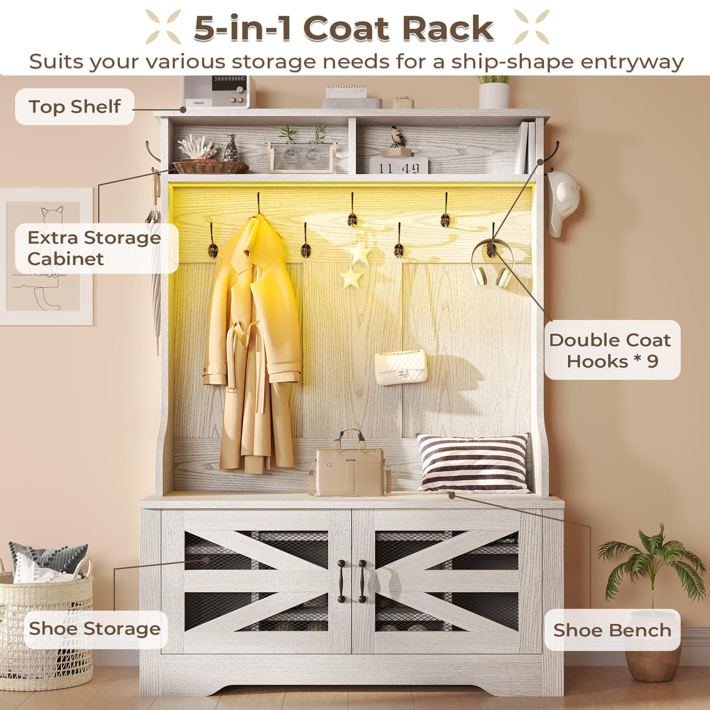 Itaar Hall Tree with Bench and Shoe Storage, 5-in-1 Entryway Bench with Coat Rack, 10 Shoe Cubbies & 9 Coat Hooks, Barn Door & Adjustable Shelf (Embossed White)