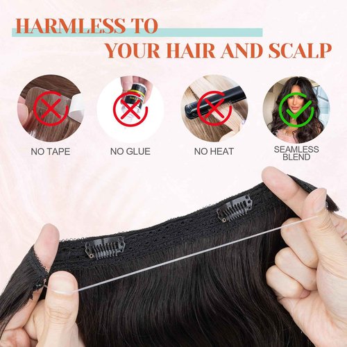 Benehair Miracle Wire Hair Extension for Women Real Human Wavy Invisible Wire Adjustable Natural Black Hair Extension 16inch for Thinning Hair #1B