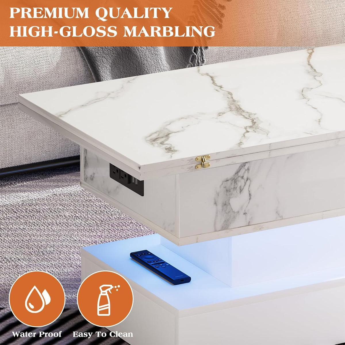 SYESWAY 39.4" Lift Top Coffee Table with Charging Station, High-Glossy Marbling Print Center Table with Hidden Compartment Storage, LED Coffee Table for Living Room, White