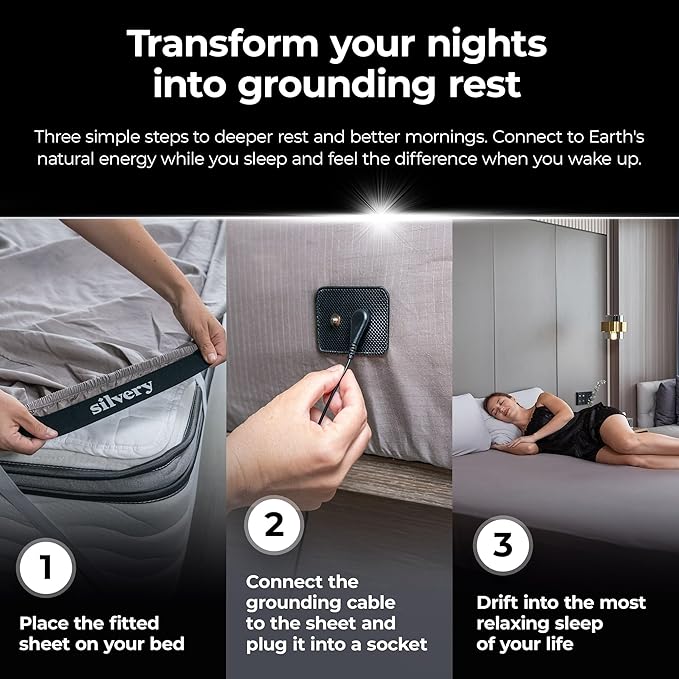 Silvery Silver-Infused Grounding Bed Sheets - Silky-Soft Earthing Fitted Sheet with Grounding Cable & Guide - 90% Lyocell 10% Conductive Silver for Better Sleep & Natural Recovery (Queen)
