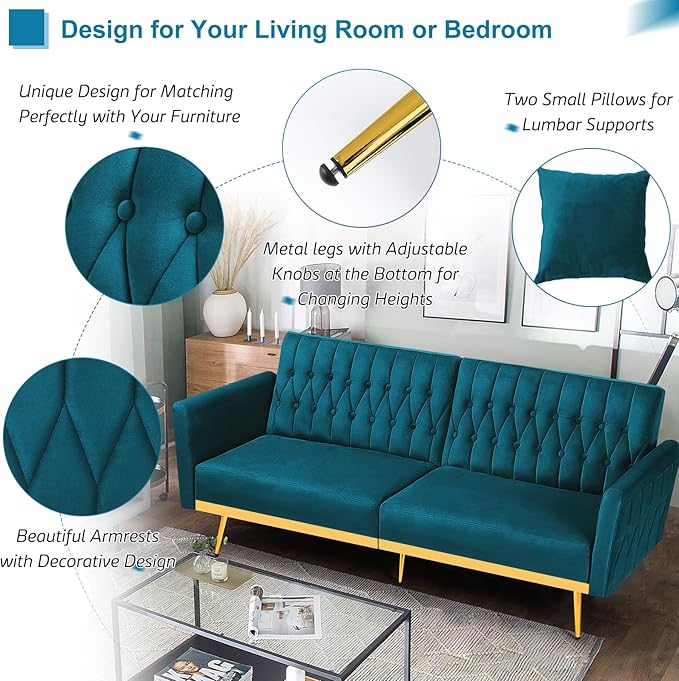 ACMEASE 70” Velvet Futon Sofa Bed w/Adjustable Armrests and Backrest, Convertible Futon Couch w/2 Pillows, Modern Sleeper Bed for Living Room, Bedroom, Teal