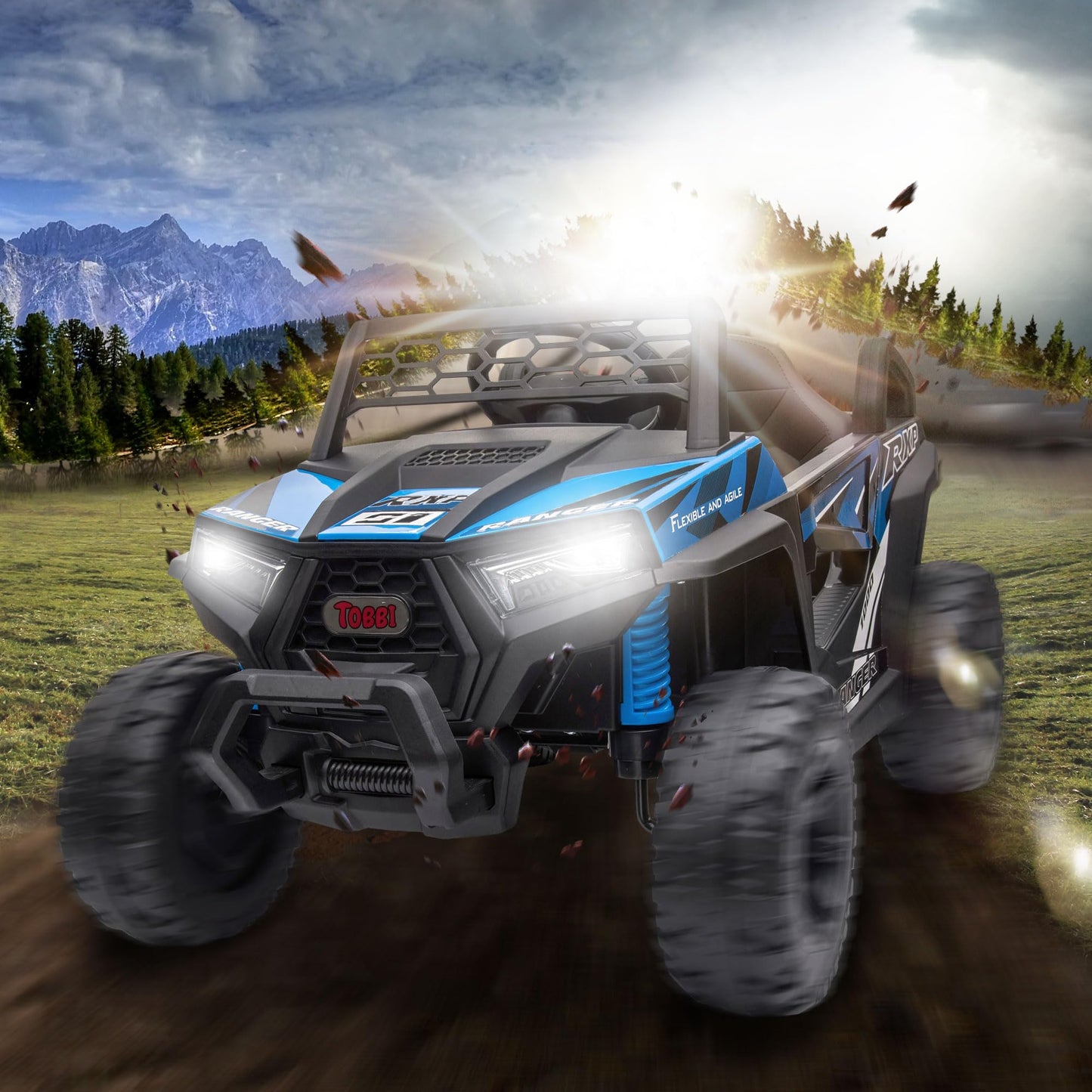 TOBBI 12V Kids Ride on Car, Electric Off-Road UTV Truck with Forward and Reverse Functions, Double Open Doors, Safety Belt, Horn, Music, and Lights for Kids Aged 3-5 Years (Blue)