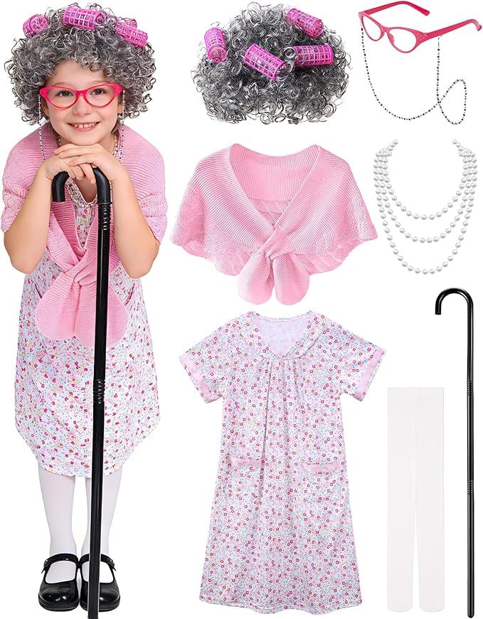 Vivrerizo Old Lady Costume for Kids - Grandma Costume for Girls 100 Days of School Funny Granny Dress Up Party Cosplay