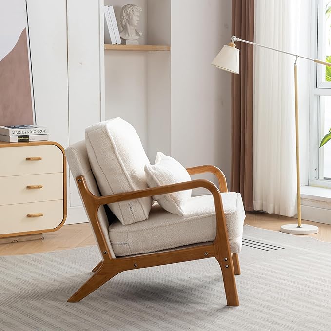 SEYNAR Mid-Century Accent Chair,Sherpa Fabric Lounge Chair with Wide Armrest,13-16.5'' Low Seat Height Armchair with Lumbar Pillow & Solid Wood Frame for Living Room, Bedroom, Balcony(Cream White)