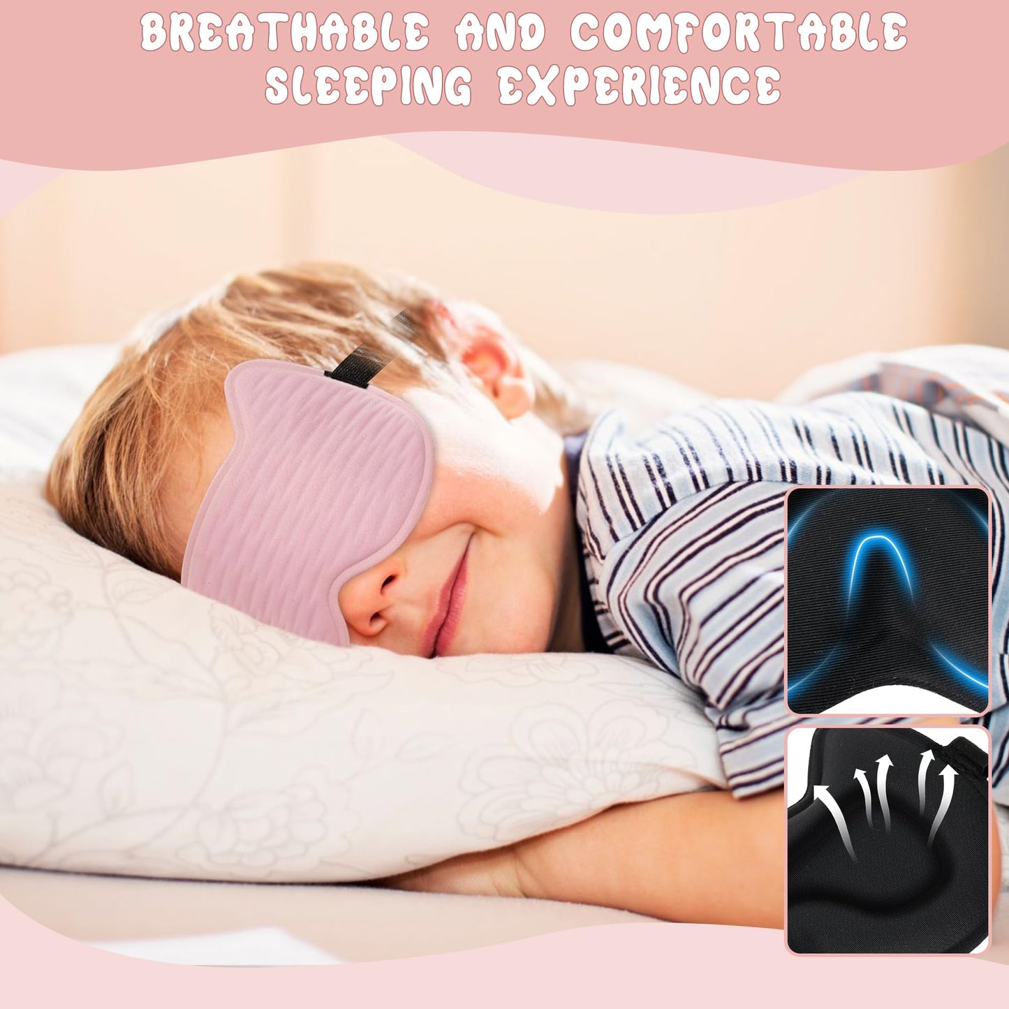 Kids Sleep Mask Eye Mask: 3D Contoured Cup Sleeping Masks, Blindfold with Adjustable Strap, Kids Eye Cover for Boys, Girls, Teens, Pressure-Free with Memory Foam Face Mask for Sleeping (Pink)