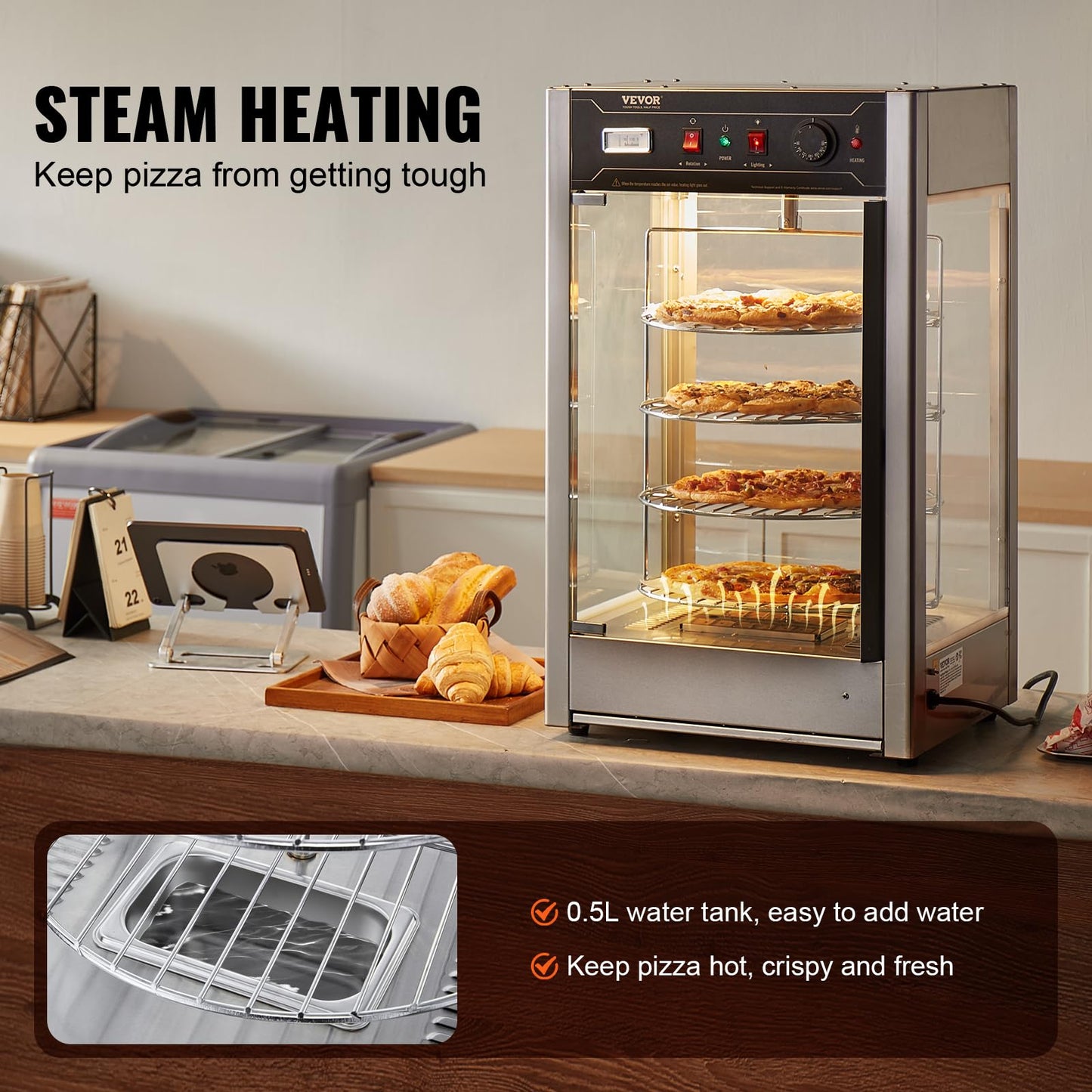 VEVOR Commercial Food Warmer Display for 14" Pizza, 4-Tier Pizza Warmer with Rotary Steam Heating, 86℉~185℉ Temperature Control and Temp Display, 25W Oven Light + Top LED for Pizza Shop, Restaurant