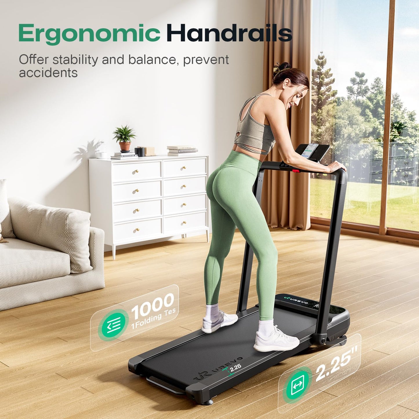 UREVO Smart Treadmill with 9% Incline, 3-in-1 Foldable Treadmill with Handle for Home/Office Fitness, Runner-Focused Design, 6 HIIT Programs & Auto Incline Follow Mode, 2 Display Screens, Plug & Play