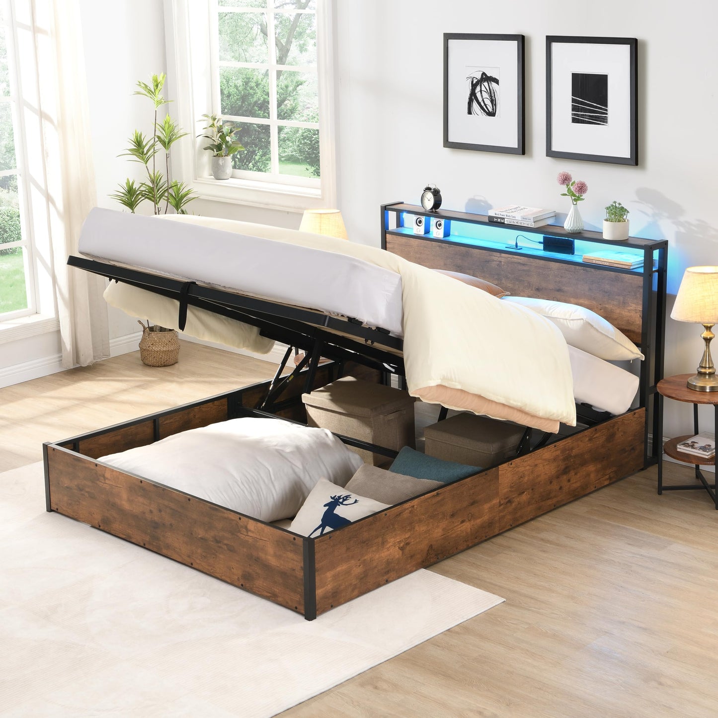 Queen Size Lift Up Storage Bed Frame with Charging Station, Wooden Platform Bed Frame with with Bookcase Headboard & LED Lights, Heavy Duty Metal Slats Support, Hydraulic Storage, Noise-Free, Brown