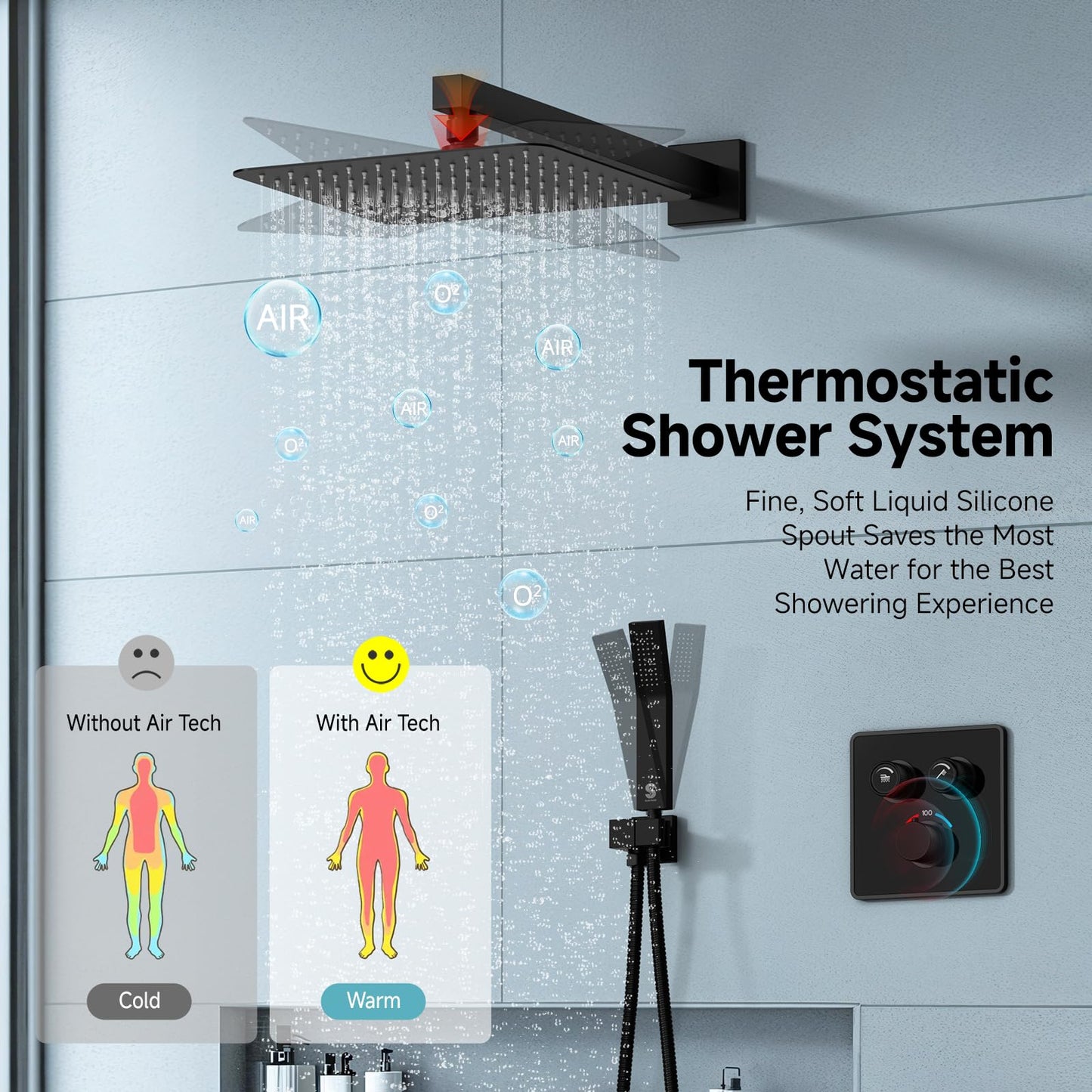 SR SUN RISE 100℉ Thermostatic Shower System,10" Luxury Rainfall Shower Head and High-Pressure Handheld Bathroom Shower Faucet Set,Shower Valve and Trim Kit Included (Matte Black)