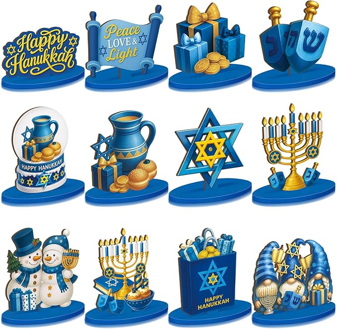 Realspring 12 Pcs Hanukkah Table Centerpieces Decor Chanukah Menorah Wooden Signs Star of David Table Topper Decor Hanukka...
